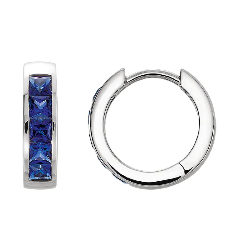 14k White Gold Created Blue Sapphire Hinged Round Hoop Earrings, 14mm