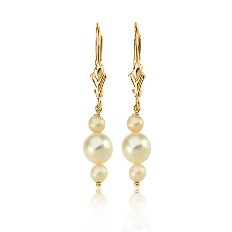 14k Yellow Gold Triple White Cultured Pearl Earrings, 30mm