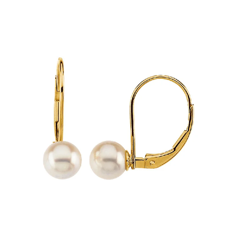 7mm Round Akoya Cultured Pearl Lever Back Earrings in 14k Yellow Gold