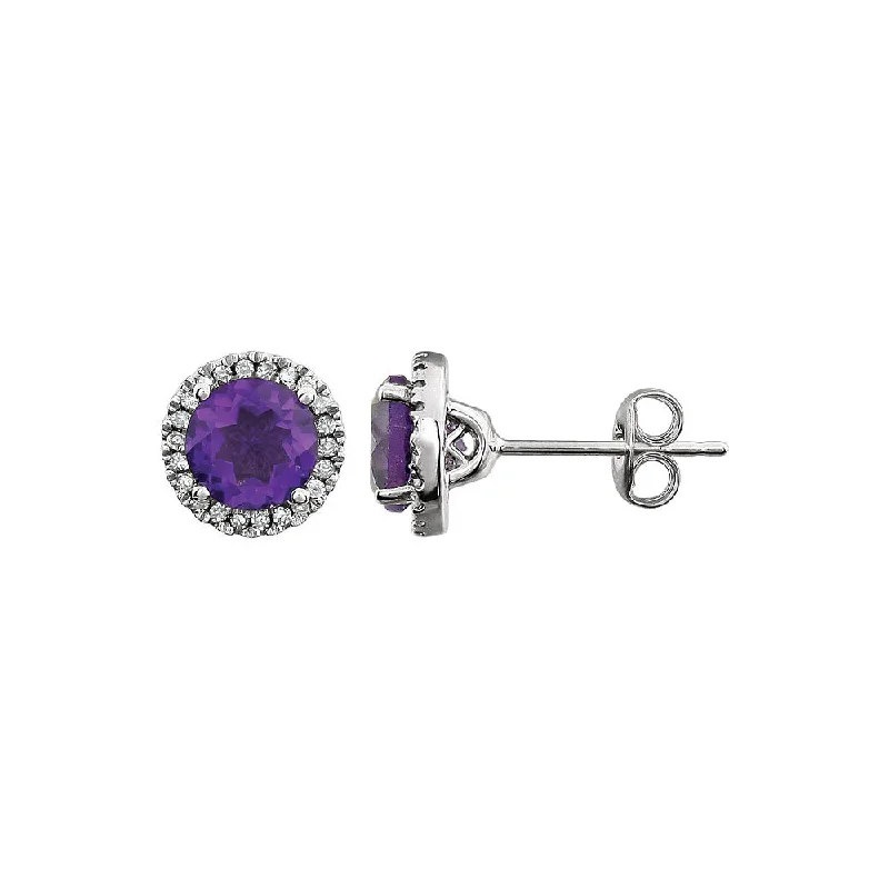 8mm Halo Style Amethyst & Diamond Earrings in 14k White Gold