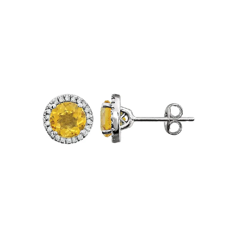 8mm Halo Style Citrine & Diamond Earrings in 14k White Gold