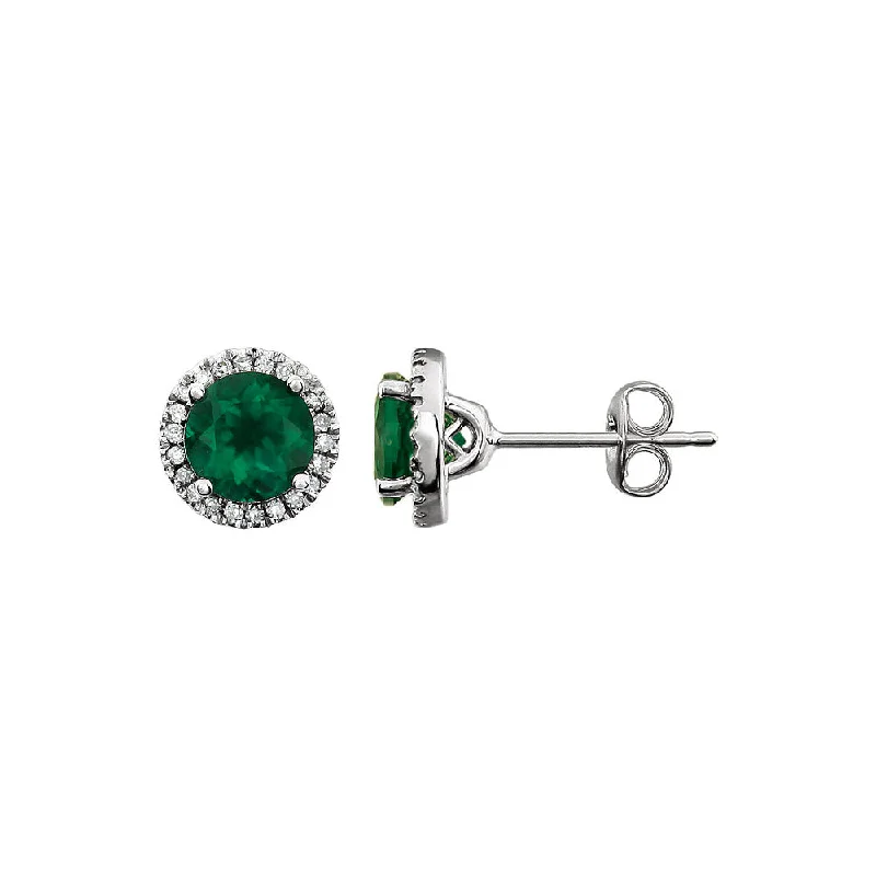 8mm Halo Style Created Emerald & Diamond Earrings in 14k White Gold