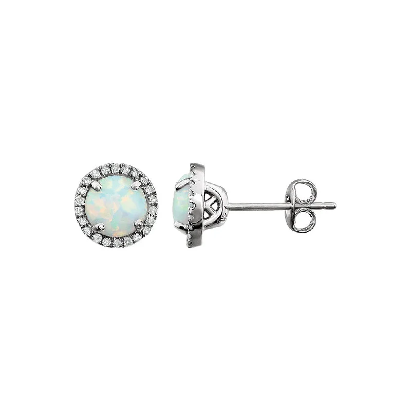 8mm Halo Style Created Opal & Diamond Earrings in 14k White Gold