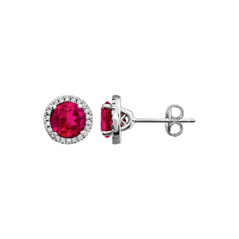 8mm Halo Style Created Ruby & Diamond Earrings in 14k White Gold