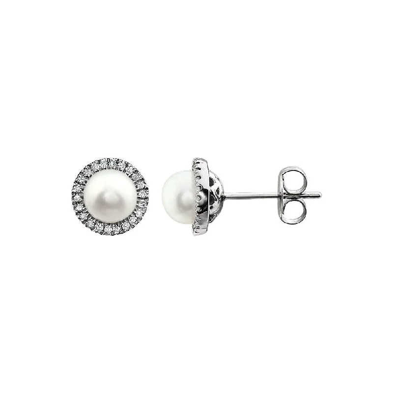 8mm Halo Style FW Cultured Pearl & Diamond Earrings in 14k White Gold