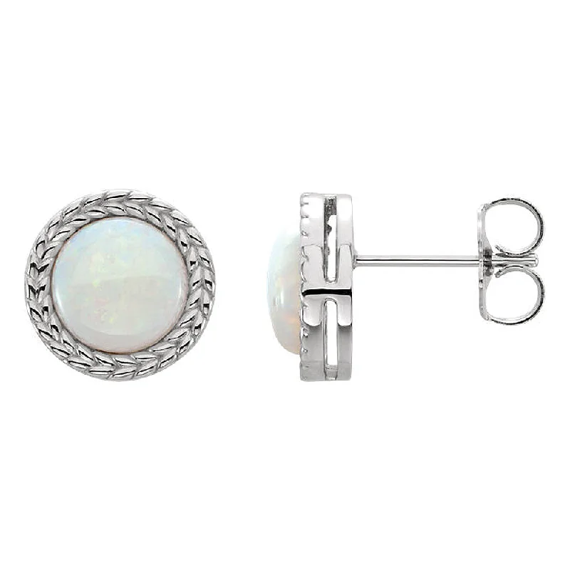 9.5mm (3/8 Inch) 14k White Gold Genuine White Opal Stud Earrings