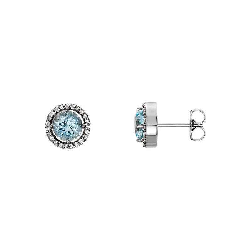 9mm Halo Style Aquamarine & Diamond Earrings in 14k White Gold