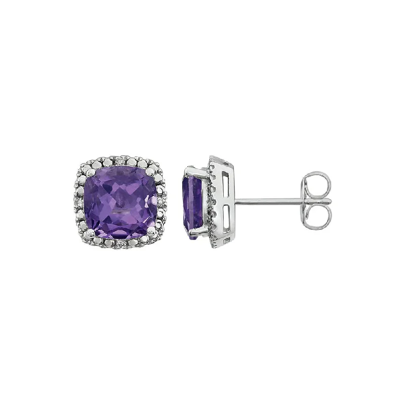 Amethyst & Diamond 10mm Earrings in 14k White Gold