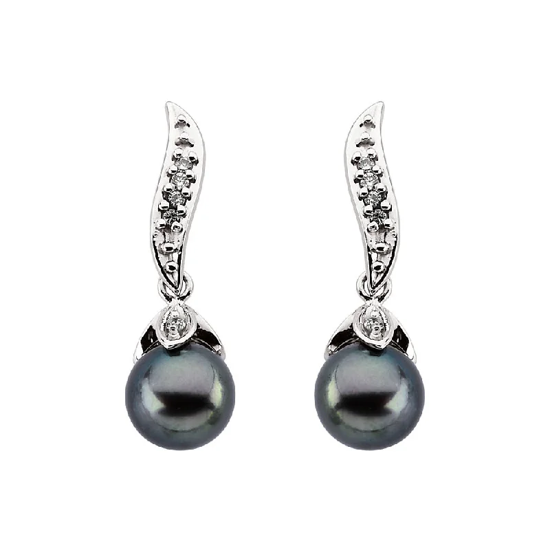 Black Akoya Cultured Pearl & Diamond Dangle Earrings in 14k White Gold