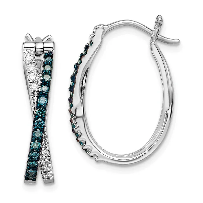 Blue & White Diamond Crossover Hinged Hoop Earrings in Sterling Silver