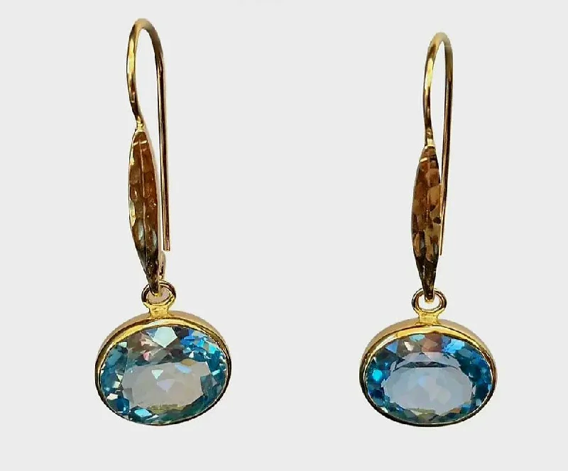 Gold and Oval Blue Topaz Drop Earrings