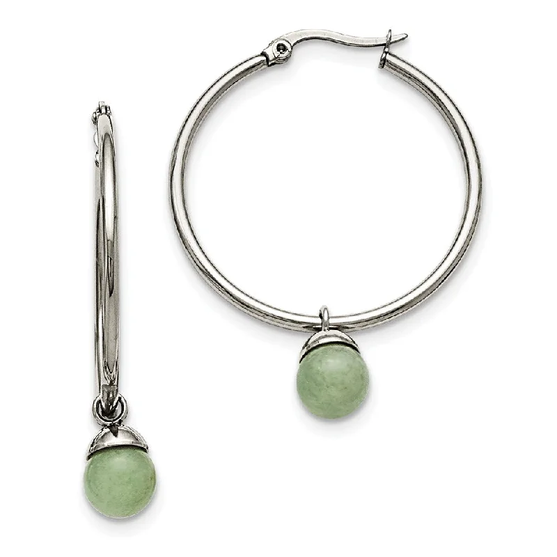 Green Aventurine Bead Round Hoop Earrings in Stainless Steel - 35mm