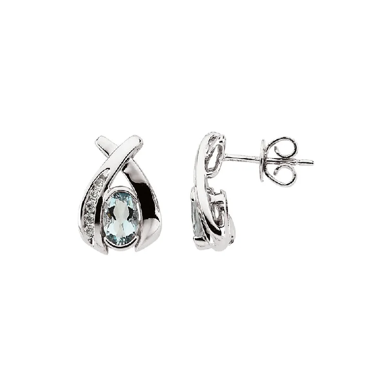 Oval Aquamarine & Diamond Crossover Post Earrings in 14k White Gold