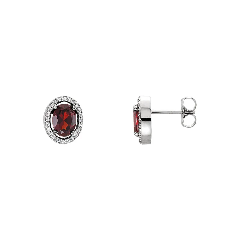 Oval Mozambique Garnet & Diamond Halo Earrings in 14k White Gold