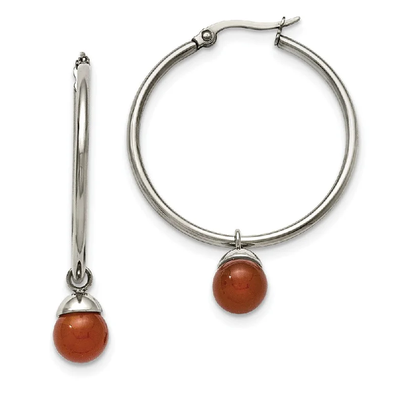 Red Agate Bead Drop Round Hoop Earrings in Stainless Steel - 35mm