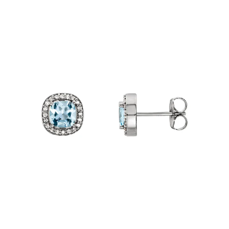 Sky Blue Topaz & Diamond 8mm Square Halo Earrings in 14k White Gold