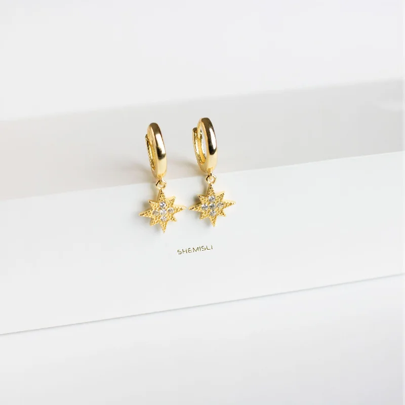 Star Paved Hoop Earrings, CZ Drop Huggies, Gold, Silver SHEMISLI SH109