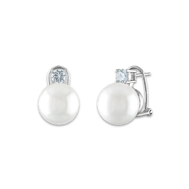 12MM Round Shell Pearl and Cubic Zirconia Earrings in Sterling Silver