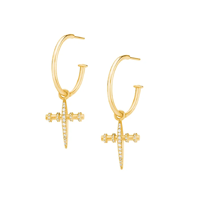 14K Gold Armour Cross Hoop Earrings with Diamonds