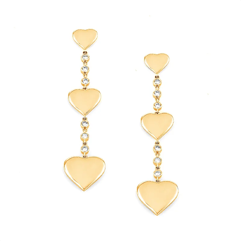 14k Gold Triple Drop Bezel Diamond Heart Earrings