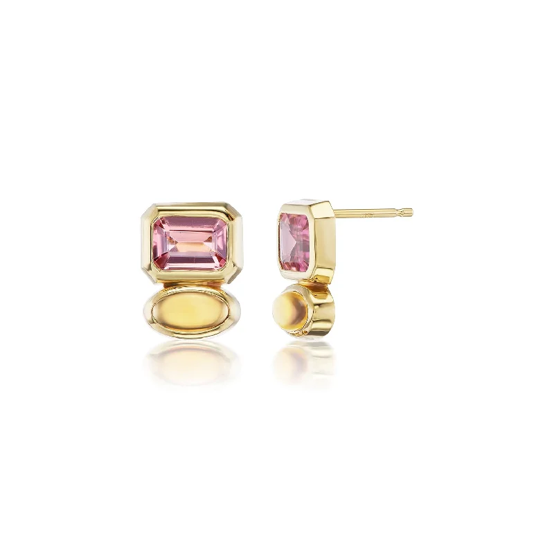 14k Gold Two Stone Earrings - Pink Tourmaline & Citrine