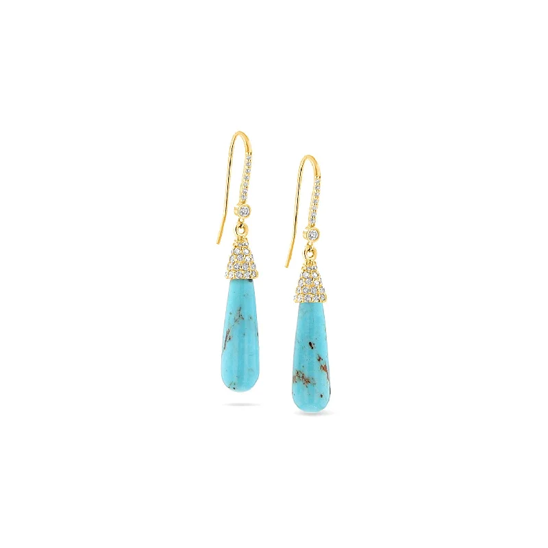 14k Kingman Turquoise Teardrop Earrings on Diamond French Hooks "One of a Kind"