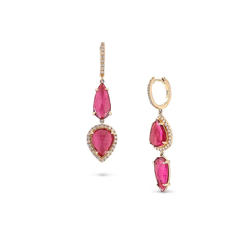 14k Pink Tourmaline Tear Drop Earrings on Diamond Huggie Earrings "One of a Kind"