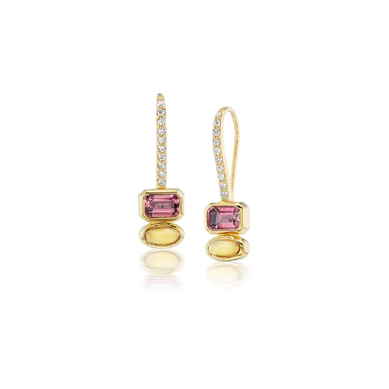 14k Two Stone Earrings on Diamond French Hooks - Pink Tourmaline & Citrine