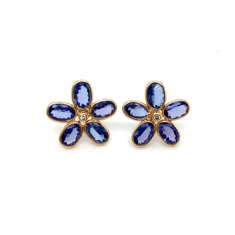 14k Yellow Gold 4.42ct Tanzanite Flower Stud Earrings with Diamond Center