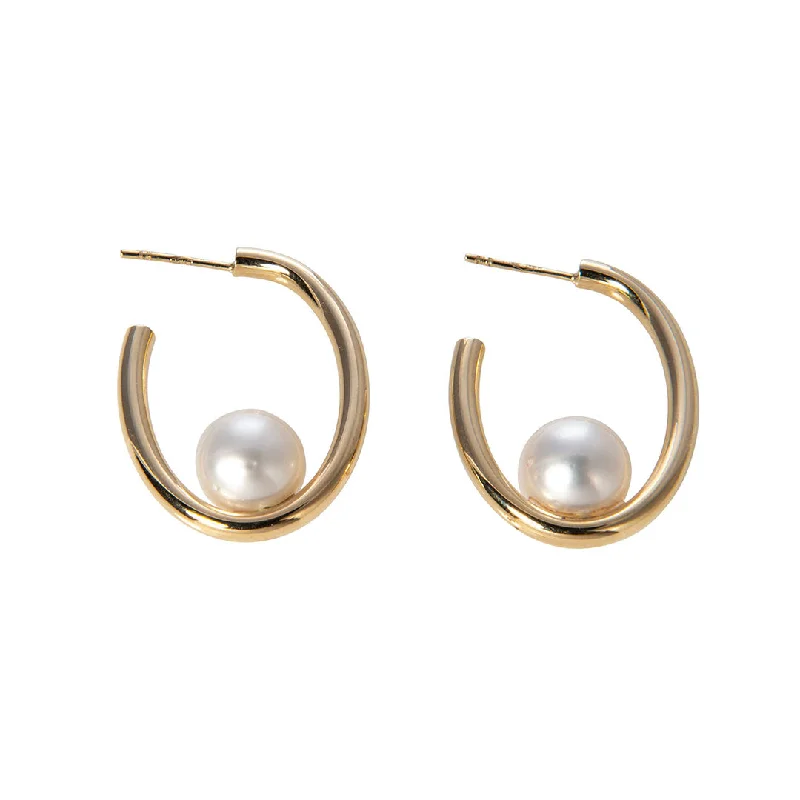 14K Yellow Gold Floating South Sea Pearl Oval Hoop Earrings