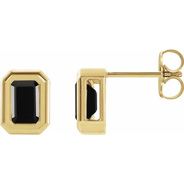 14K Yellow Gold Natural Black Onyx Emerald Cut Stud Earrings