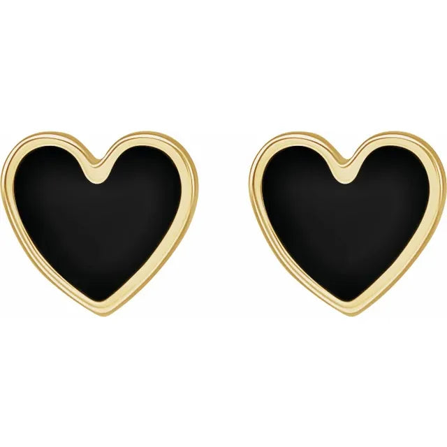 14k Yellow gold Tiny Heart Stud Earrings with Black Enamel