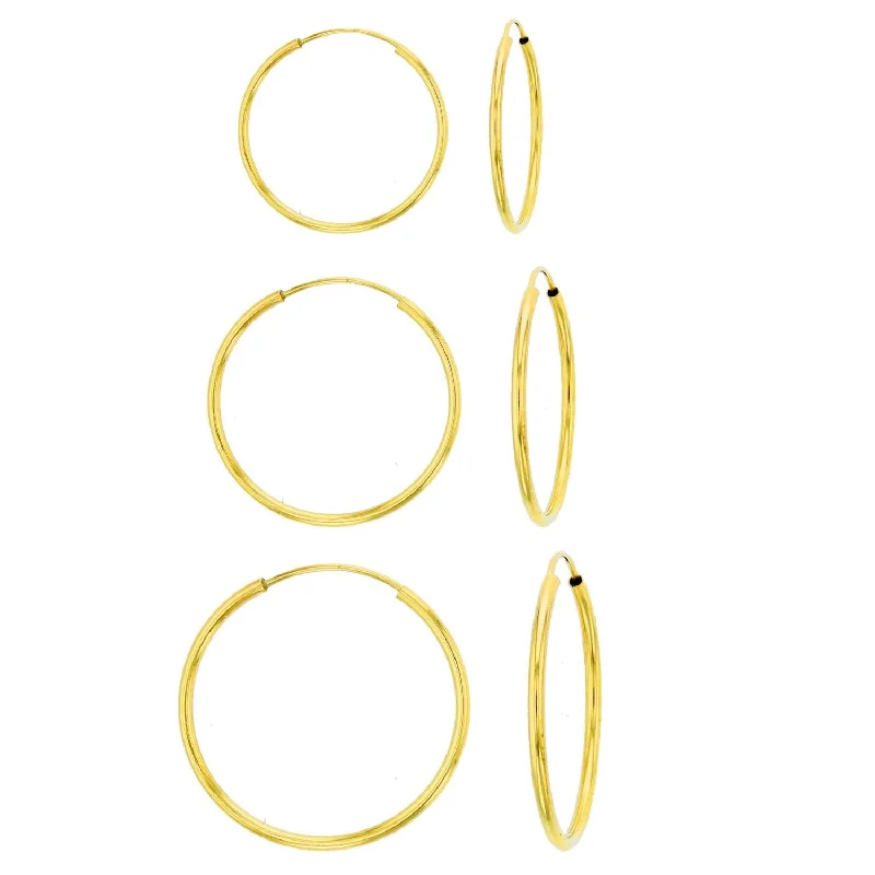 14KT Yellow Gold 1MM Wide 3-Pair 10MM, 12MM & 14MM Hoop Earrings