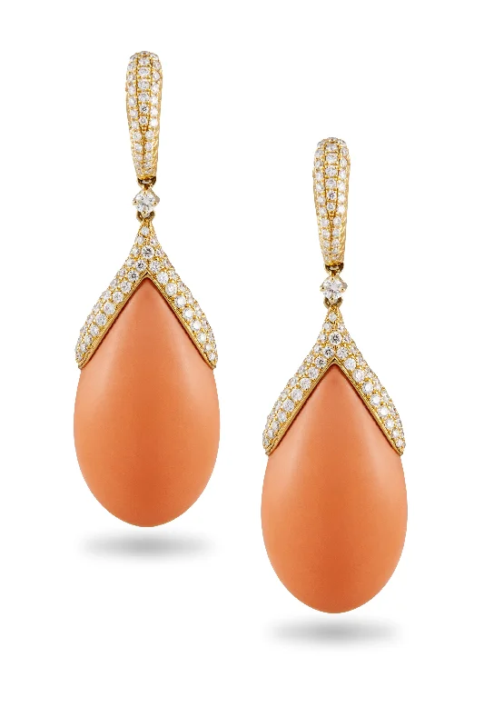 18KT YELLOW GOLD CORAL AND DIAMOND DROP EARRINGS