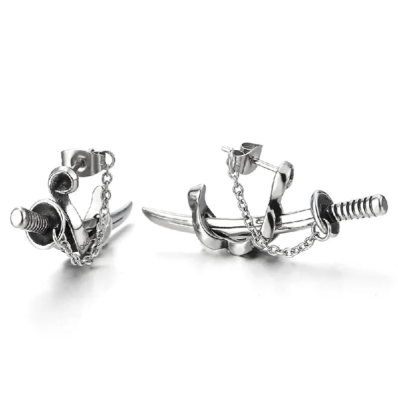 2pcs Stainless Steel Chain Sword Scabbard Stud Earrings for Man for