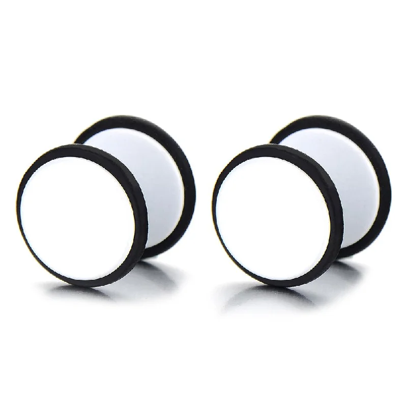 2pcs White Screw Stud Earrings Men Women, Steel Cheater Fake Ear Plugs Gauges Illusion Tunnel