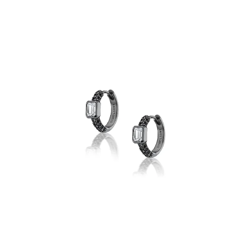 3 Row Black Diamond Huggies with White Topaz Bezel Earrings