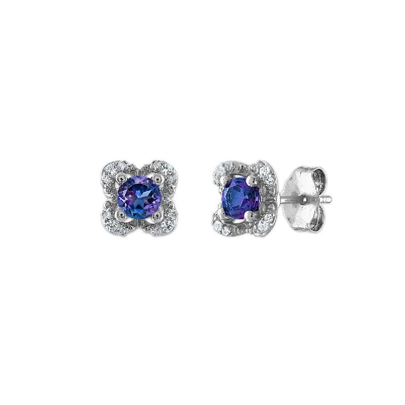 4MM Round Alexandrite and White Sapphire Birthstone Flower Halo Earrings in Sterling Silver