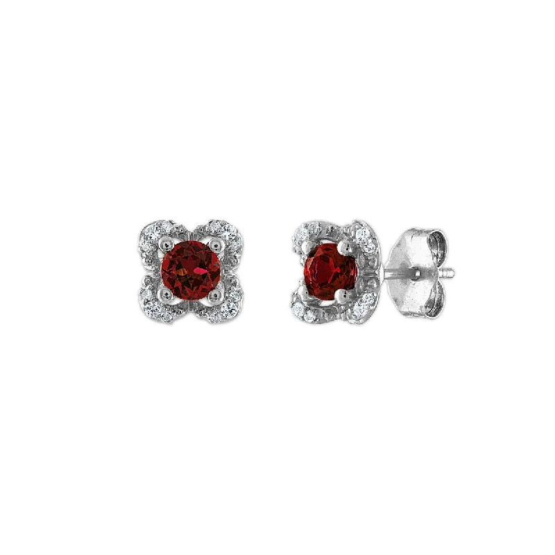 4MM Round Garnet and White Sapphire Birthstone Flower Halo Earrings in Sterling Silver