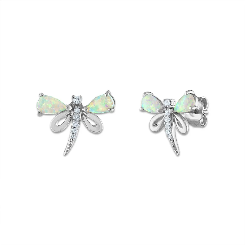 5X3MM Pear Opal and White Sapphire Stud Dragonfly Earrings in Sterling Silver