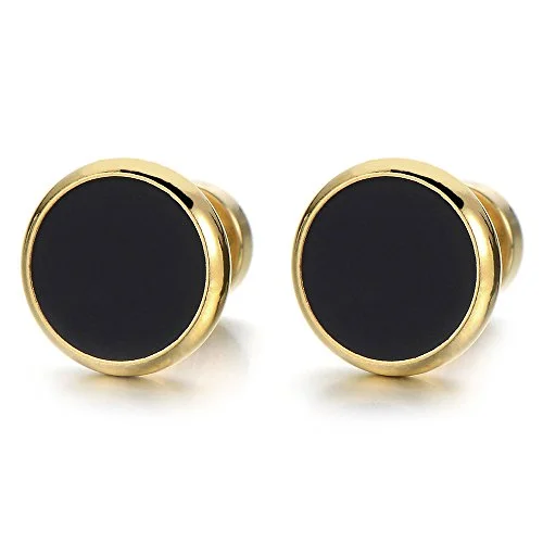 6-12MM Mens Womens Gold Black Stud Earrings Stainless Steel Illusion Tunnel Plug Screw Back, 2pcs