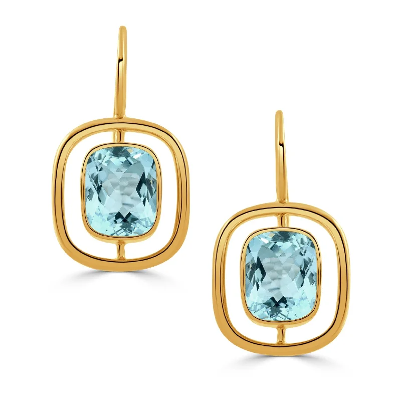 6ct Cushion Blue Topaz 18K Yellow Gold Leverback Earrings