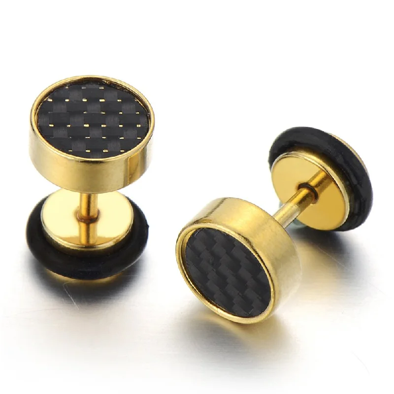 8-10MM Mens Gold Stud Earrings Stainless Steel Illusion Tunnel Plug Screw Back with Carbon Fiber, 2pcs