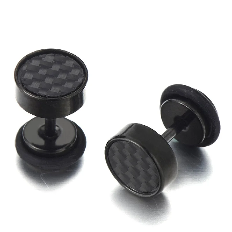 8-12MM Black Stud Earrings for Men, Stainless Steel Illusion Tunnel Plug with Carbon Fiber, Screw Back, 2pcs, Perfect for Everyday Wear or Edgy-Themed Events