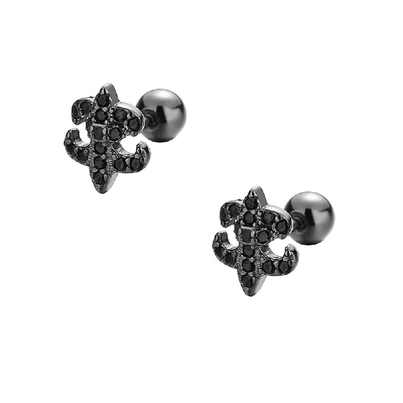 925 Silver Dark Anchor Ball Back Earrings