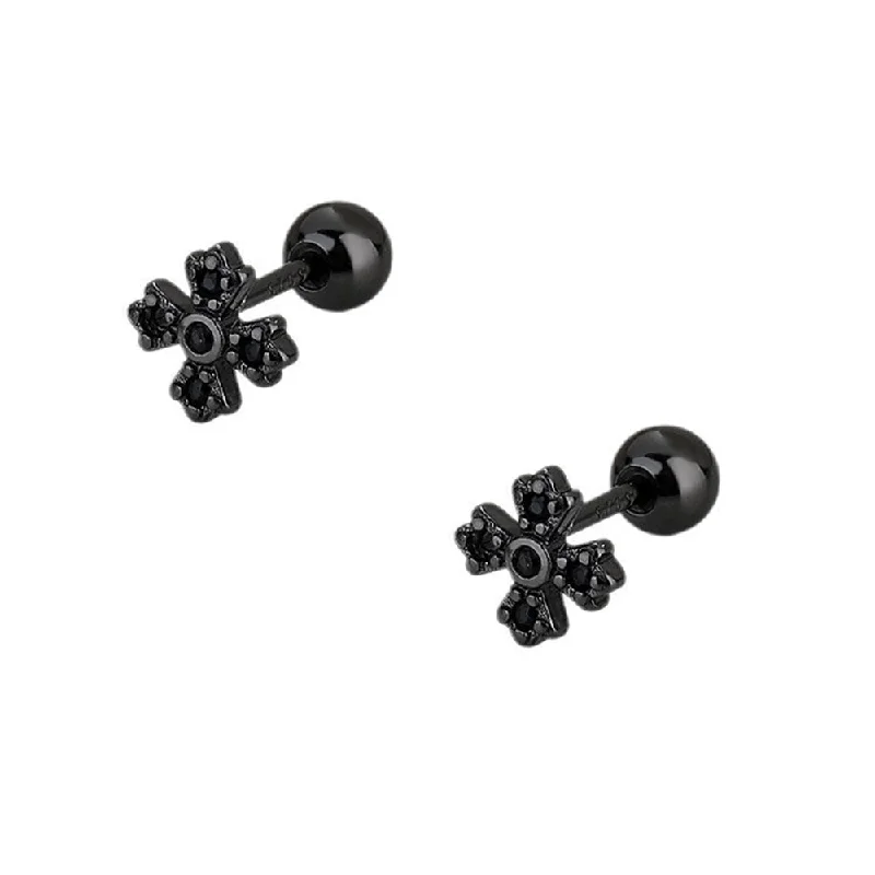 925 Silver Dark Cross Flower Ball Back Earrings