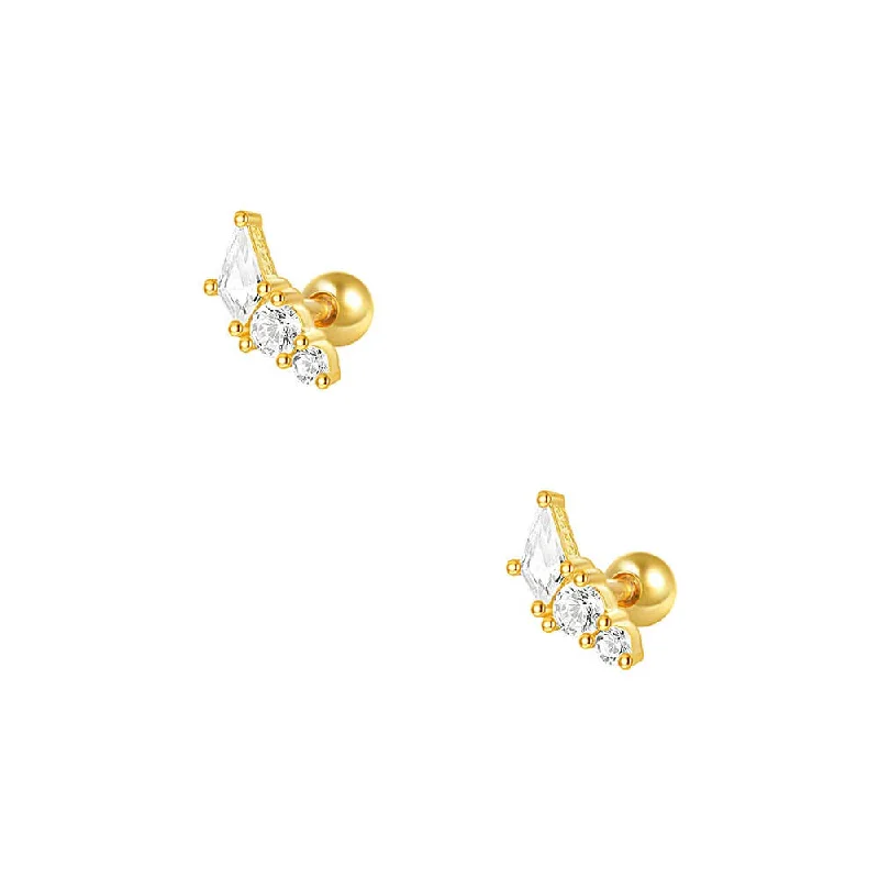 925 Silver Diagonal CZ Diamond Ball Back Earrings