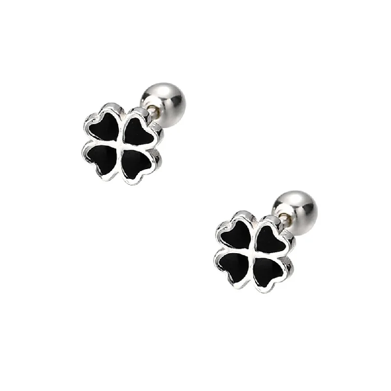 925 Silver Four Leaf Clover Ball Back Earrings