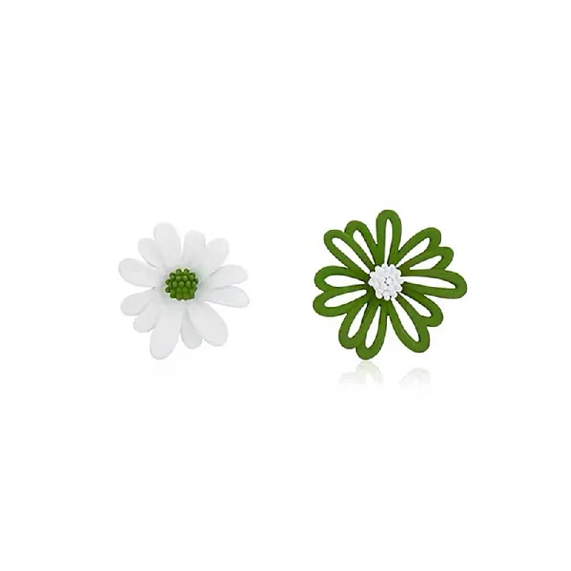 925 Silver Green White Asymmetric Daisy Earrings