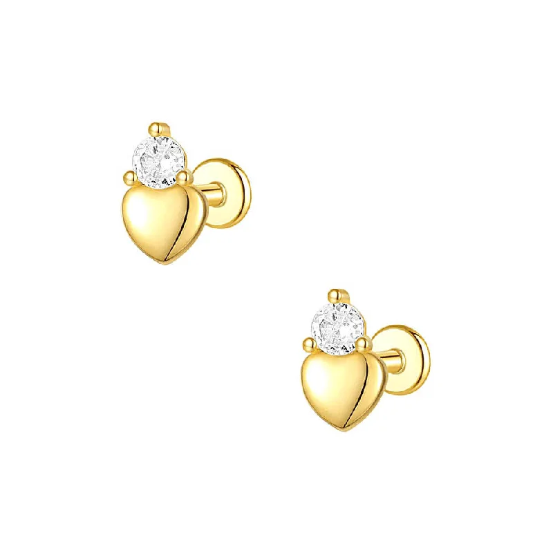 925 Silver Polished Heart-Shaped CZ Diamond Flat Back Earrings